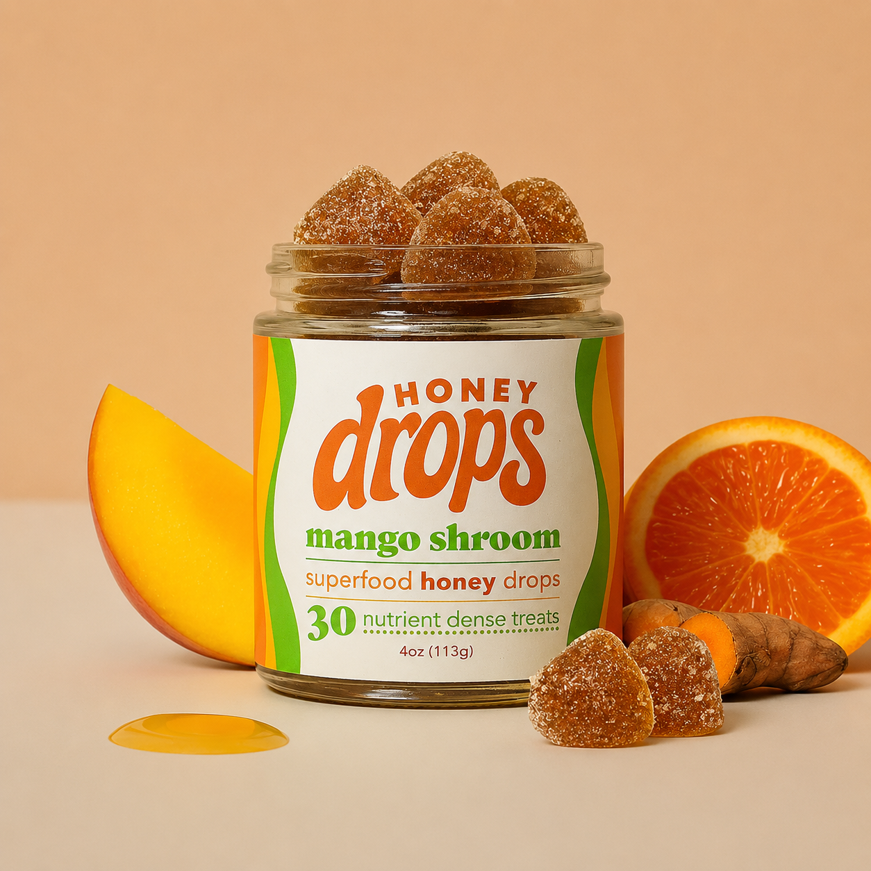 Eat Honey Drops Mango Shroom confection featuring bright mango and mushroom-shaped candies in colorful packaging.