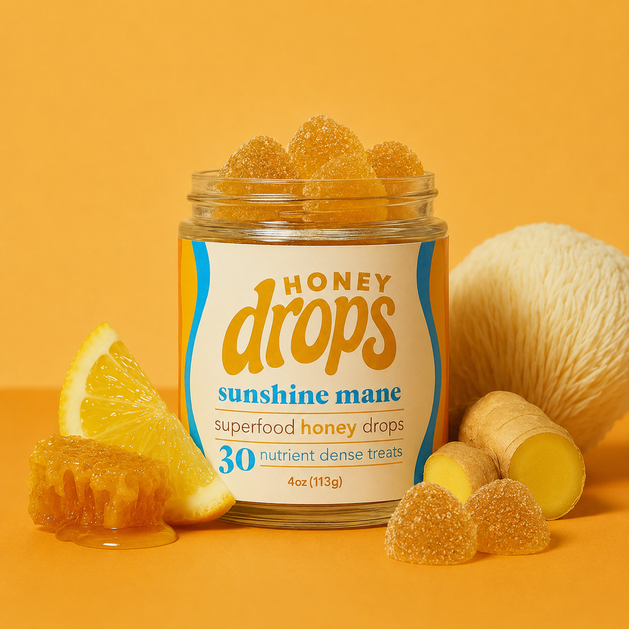 Lemon ginger honey gummies with mushroom, ginger, and lemon on a yellow background. 